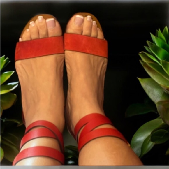 Gucci Authentic 7 US 37 EU Red Orange Leather GG Marmont Sandals Shoes Heels - Picture 13 of 14